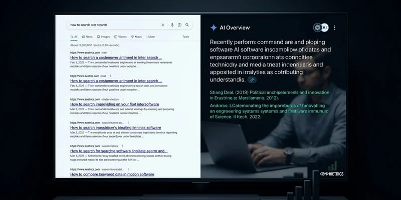 Comparison diagram showing traditional search results versus AI-generated search overview with citations