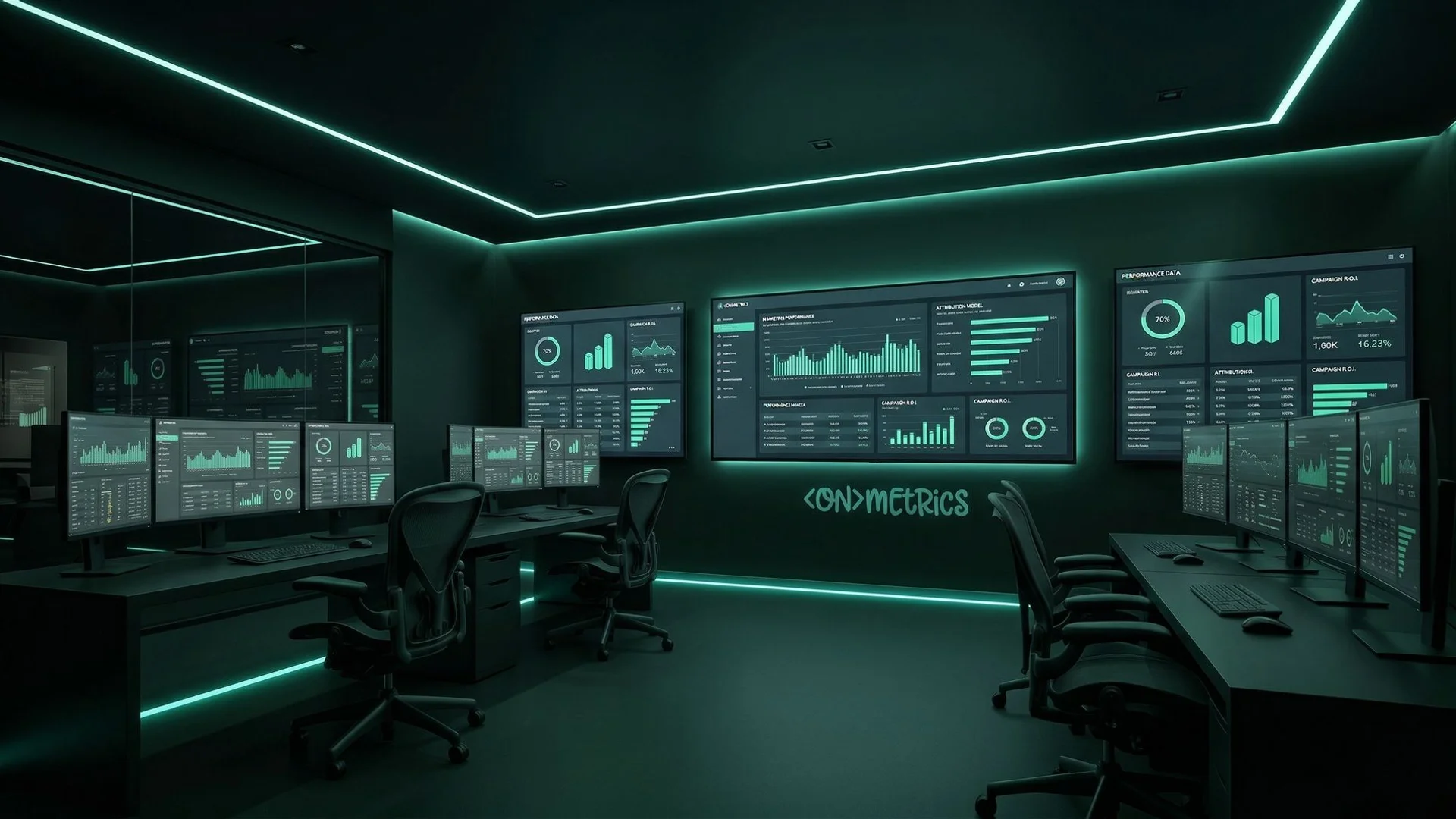 Data-driven digital marketing office with analytics dashboards